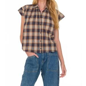 NEW SECULAR trinity button up top in camel plaid